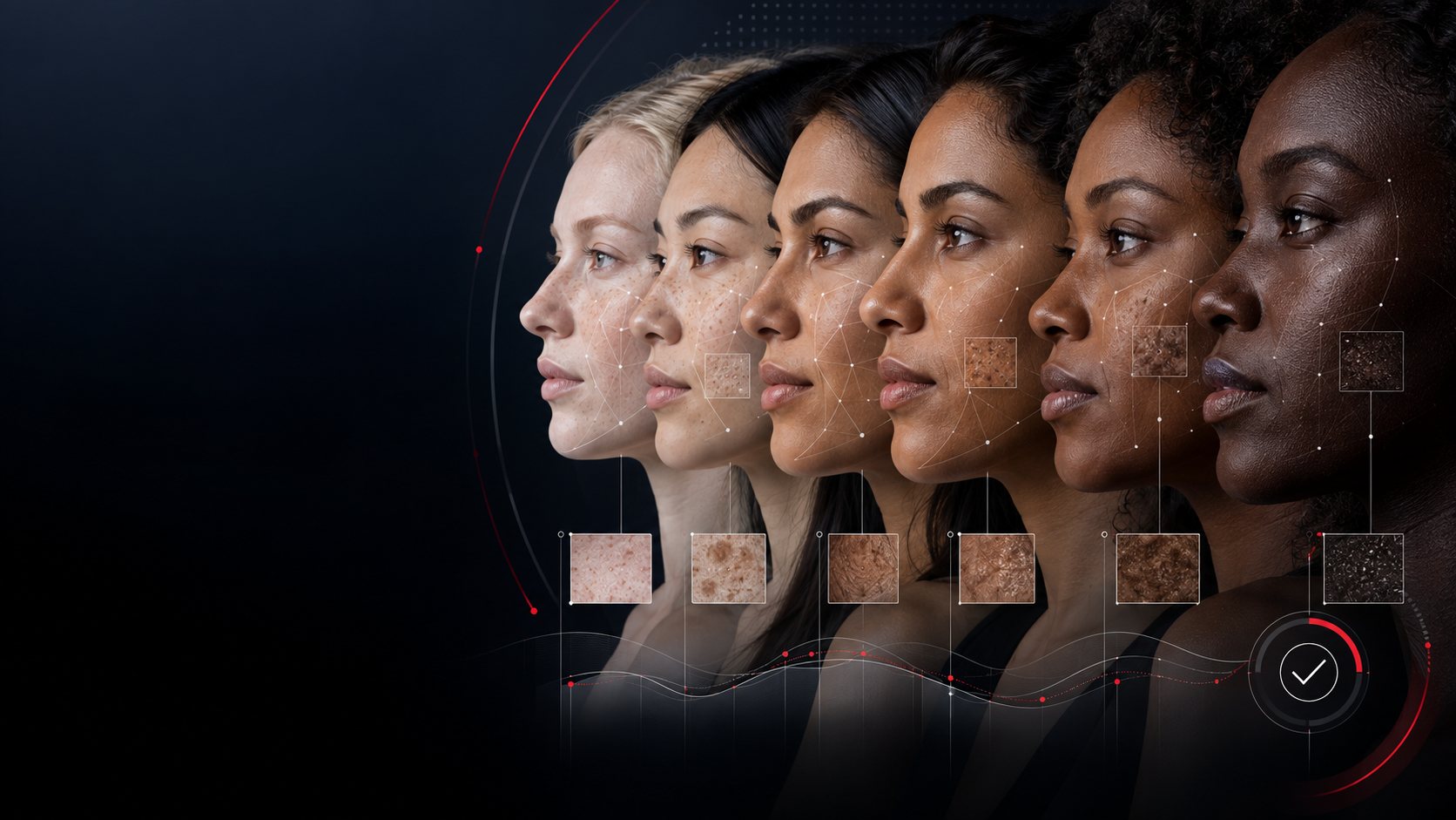 Six women spanning Fitzpatrick skin types I through VI, each with skin analysis mapped across her face — skincare built for every shade